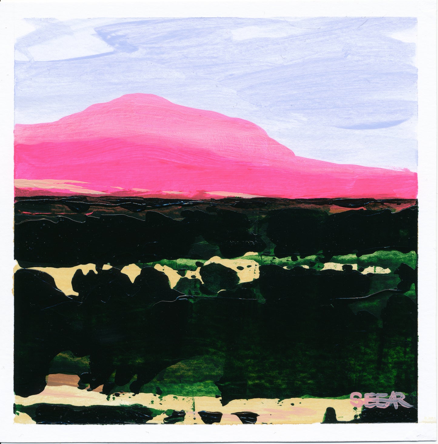 Mini abstract painting by Angela Seear with hot pink mountains, periwinkle sky and dark greek foreground with splashes of warm yellow peeking through. 5" x 5" Desert Sunset Mini 2, Acrylic on paper.